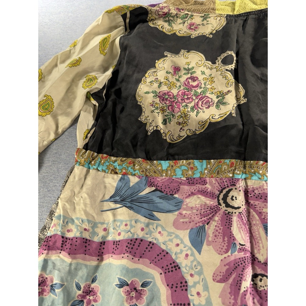 RARE 100% Silk Patchwork Tunic Dress Boho Bell Sleeve Italy Size 44 Medium - Picture 9 of 11